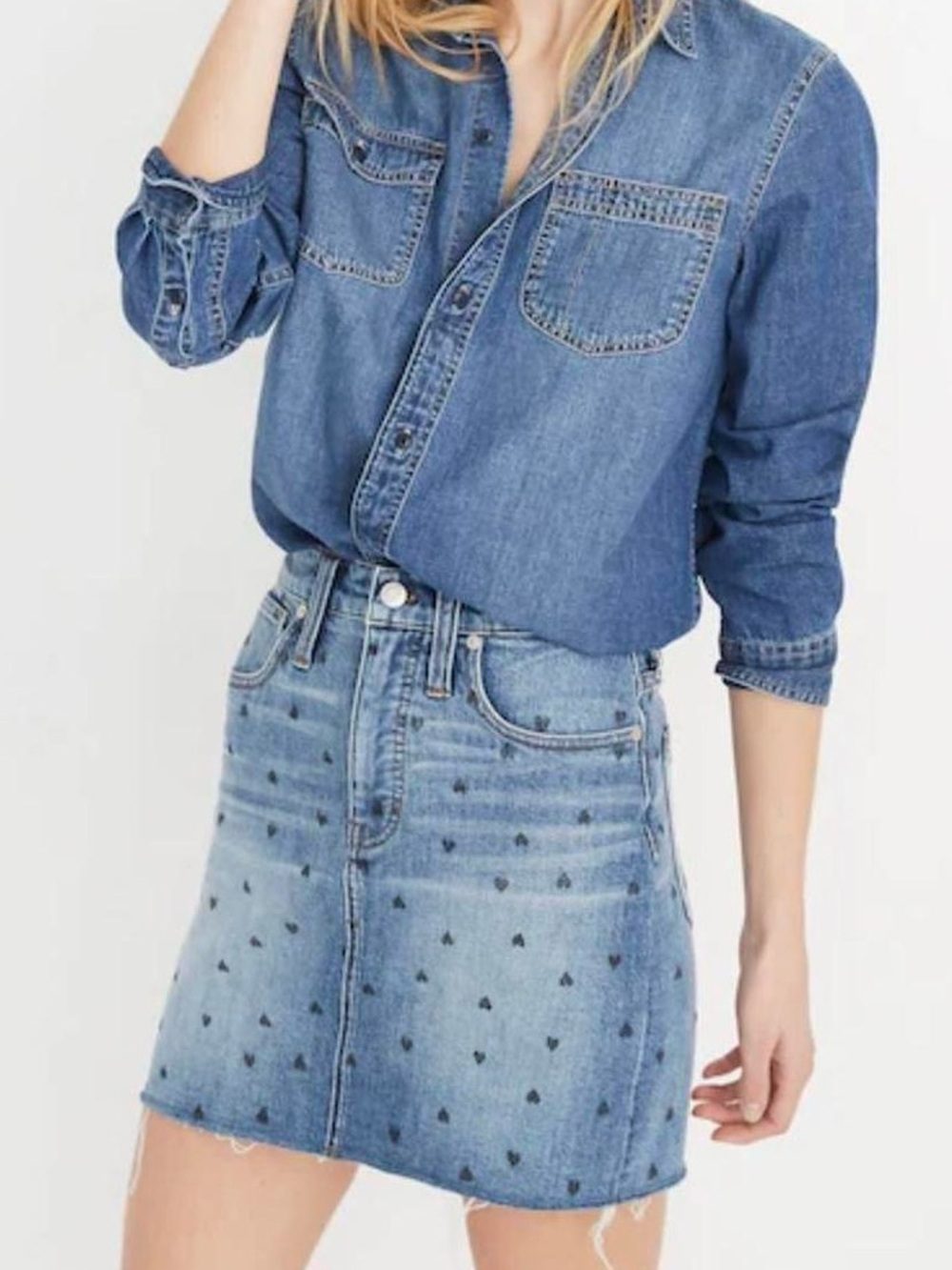 Madewell Stretch Denim Straight Mini Skirt: Heart Print Edition, Size 30
